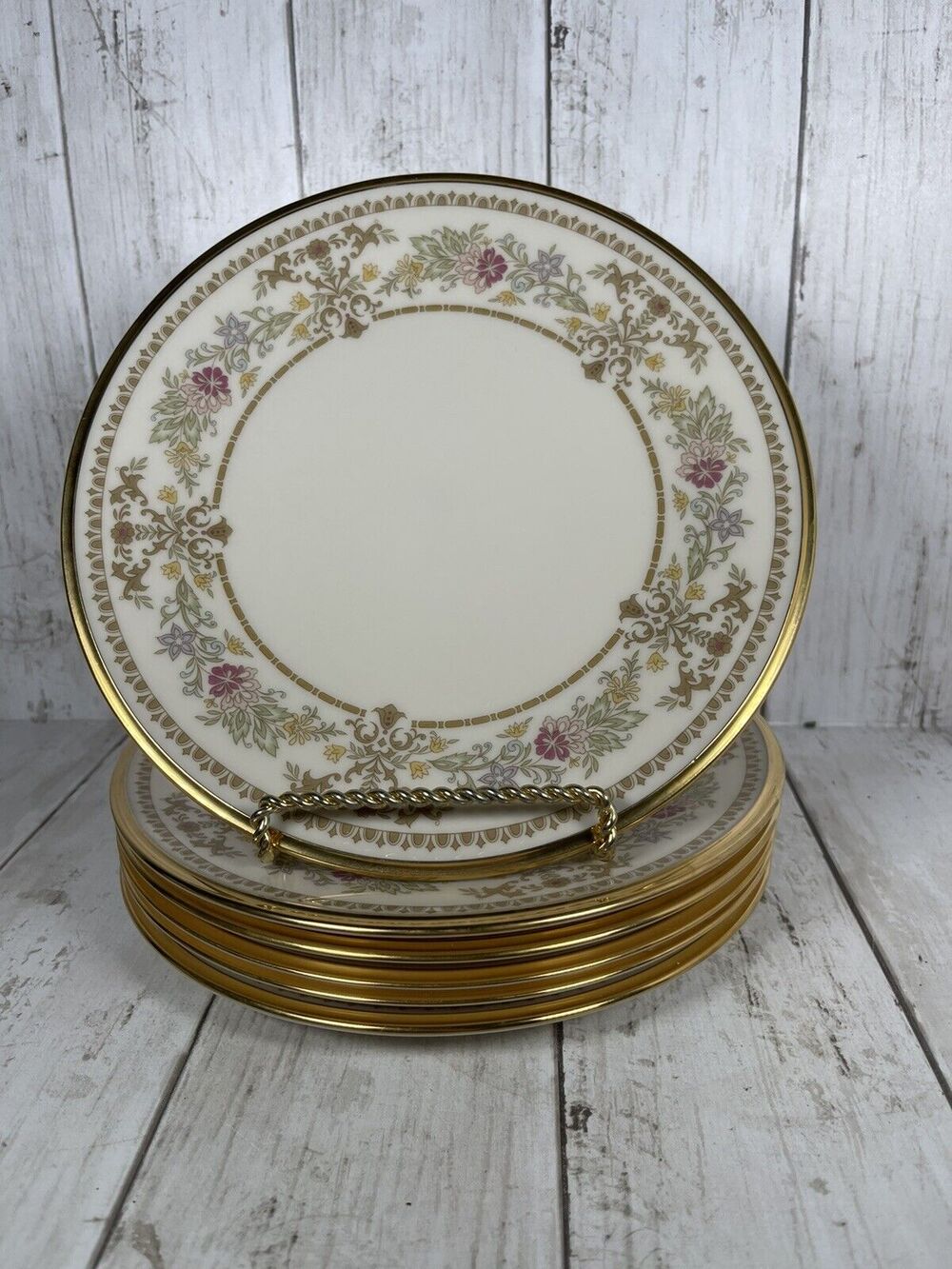6 Lenox Castle Garden Pattern Porcelain Salad Plate 8" Diameter Gold Rim